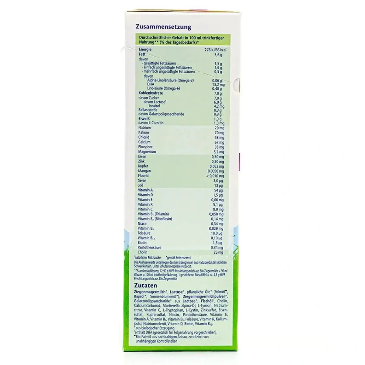 HiPP PRE goat milk baby formula ingredients and nutrition label