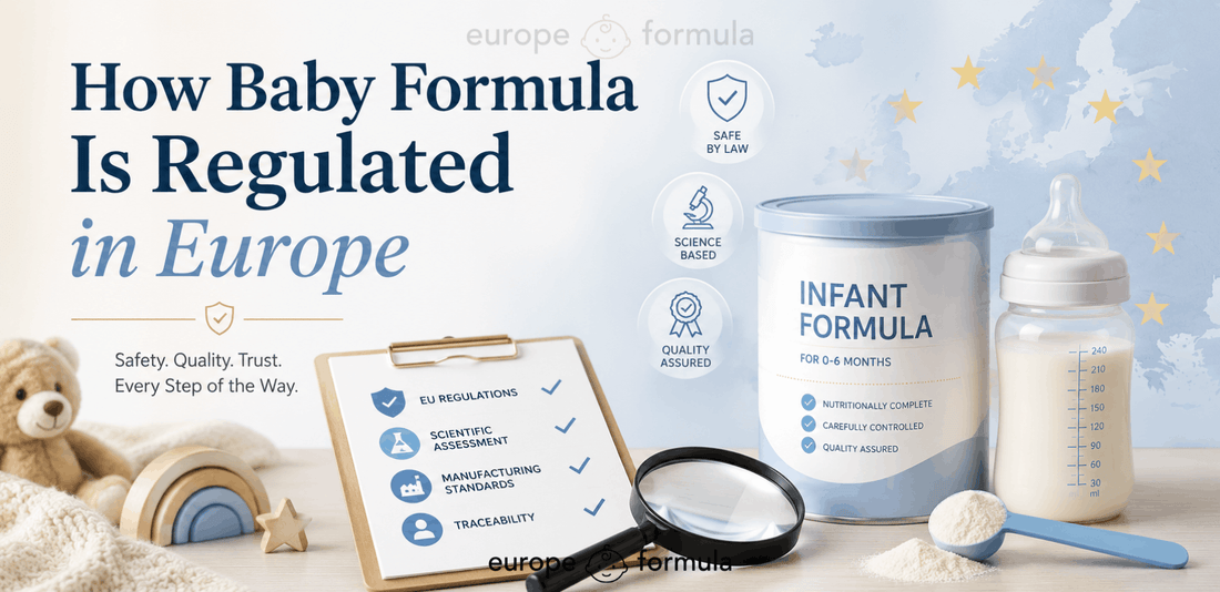 Baby formula tin, bottle, regulatory checklist, and EU map illustrating how infant formula is regulated in Europe.