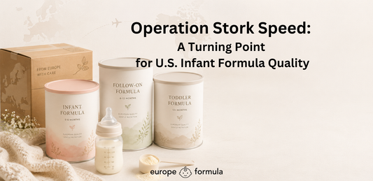 European baby formula tins with baby bottle and shipping parcel