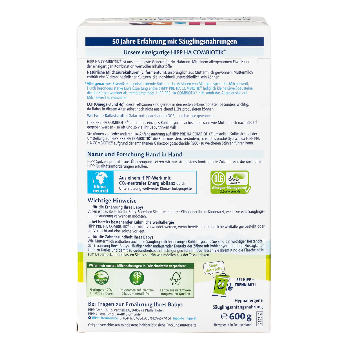 HiPP Stage PRE Hypoallergenic (HA) Organic Baby Formula 600g