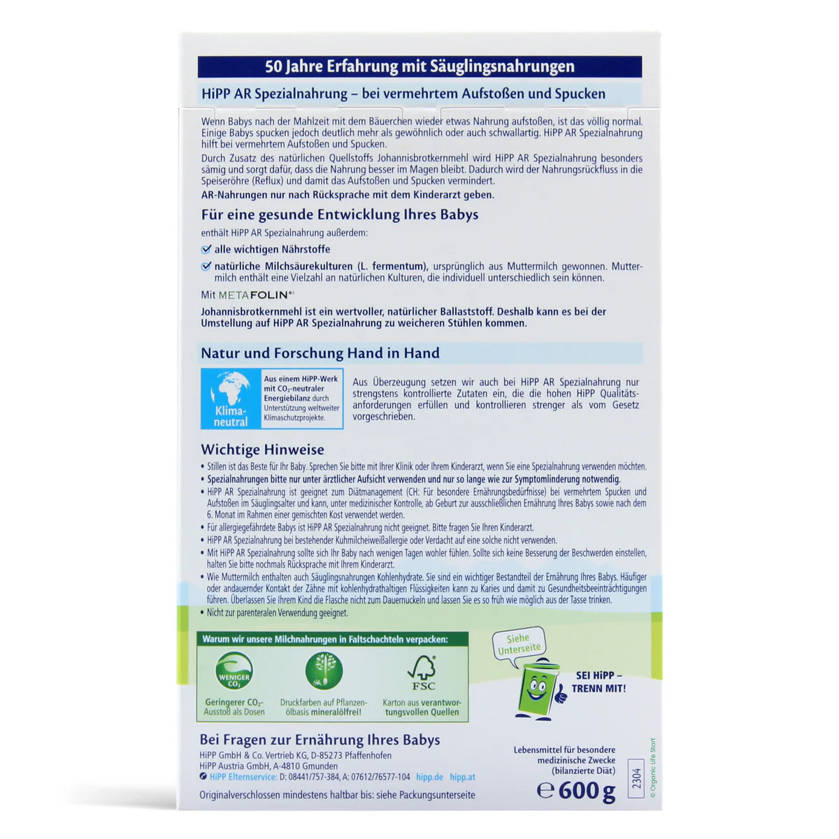 HiPP German Anti-Reflux (AR) Formula 600g