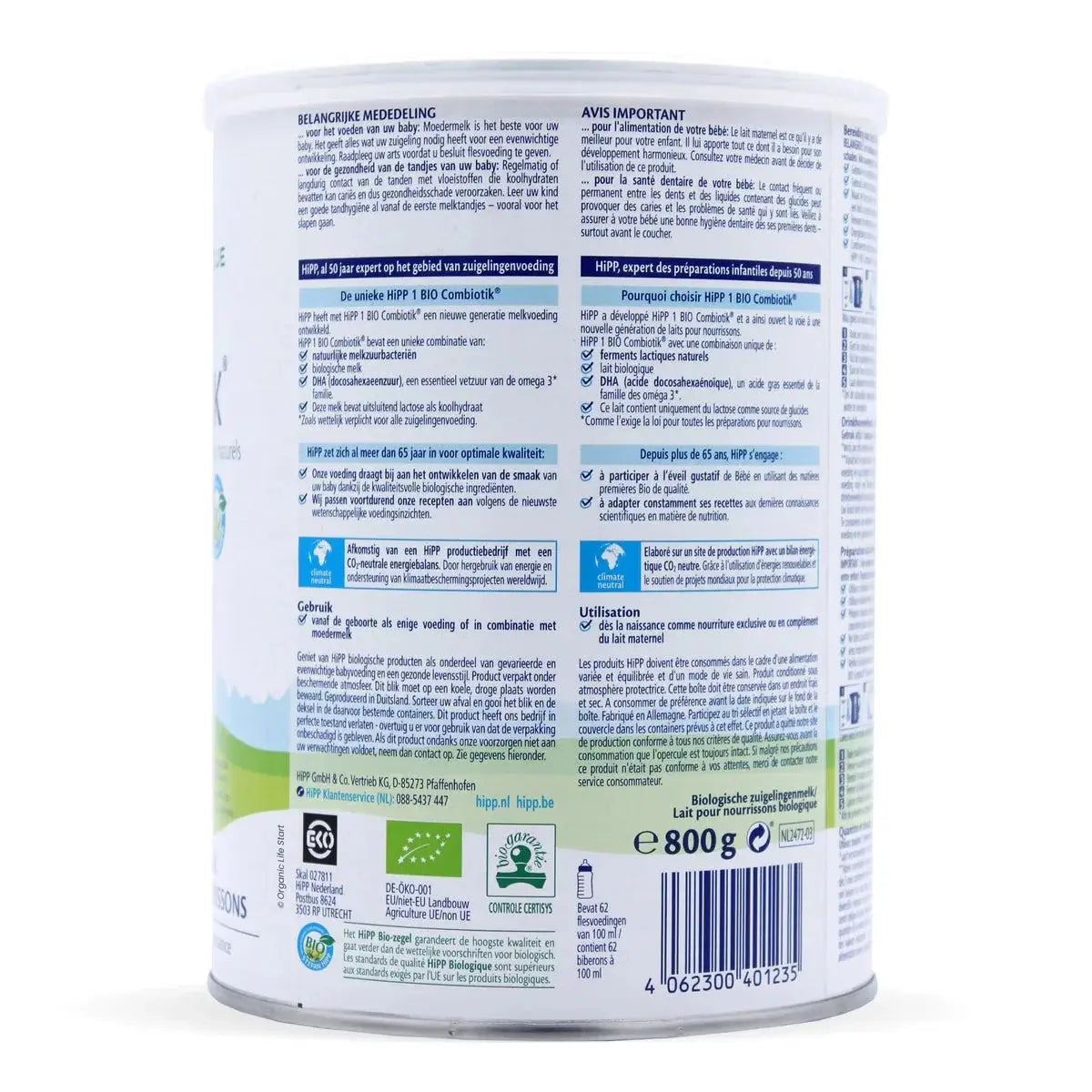 HiPP Dutch Bio Combiotik Stage 1 baby formula product information label
