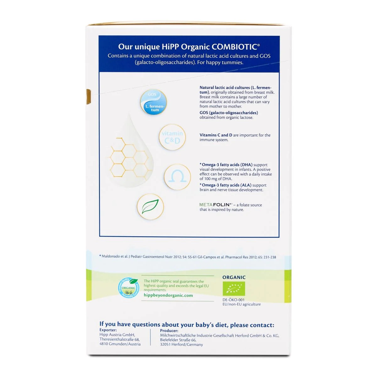 HiPP Stage 2 Organic Combiotic baby formula back packaging with GOS and natural lactic acid cultures