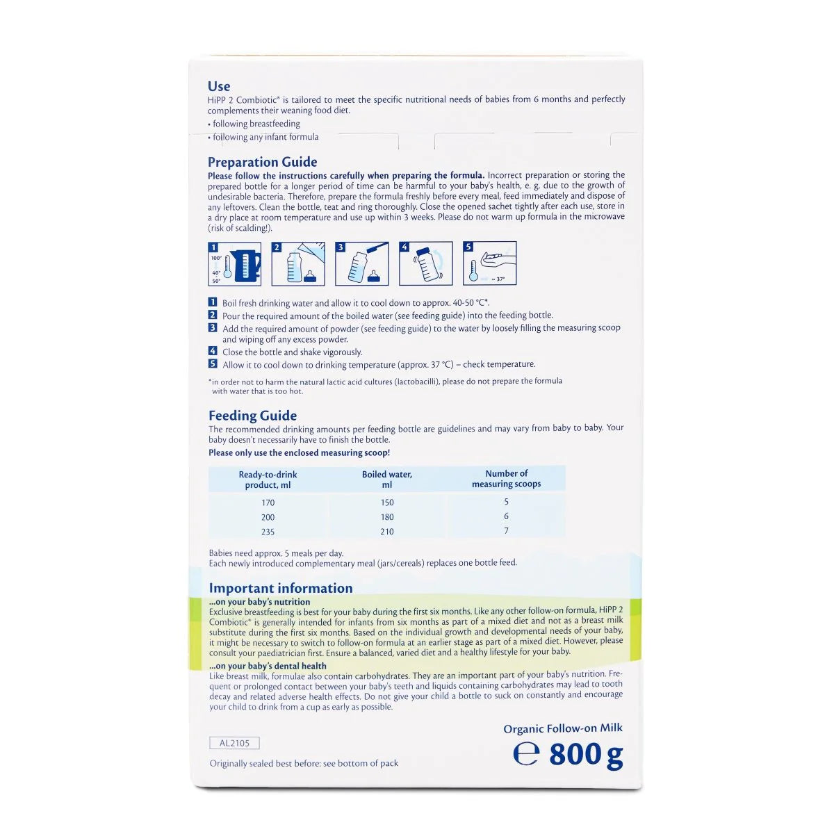 HiPP Stage 2 Organic Combiotic baby formula 800g preparation and feeding guide
