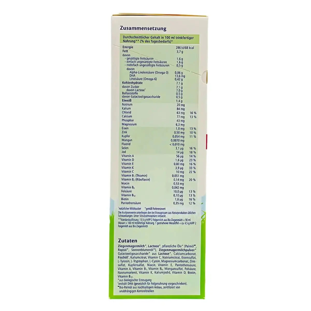 HiPP German - Stage 2 goat milk baby formula ingredients and nutrition label