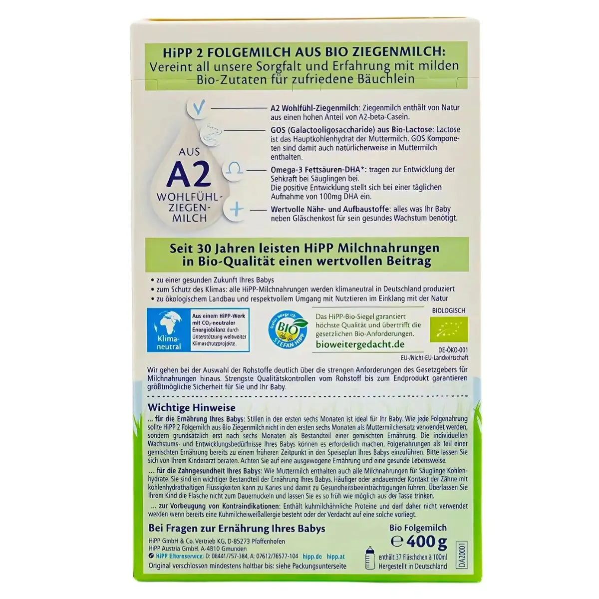 HiPP German - Stage 2 organic goat milk baby formula information label