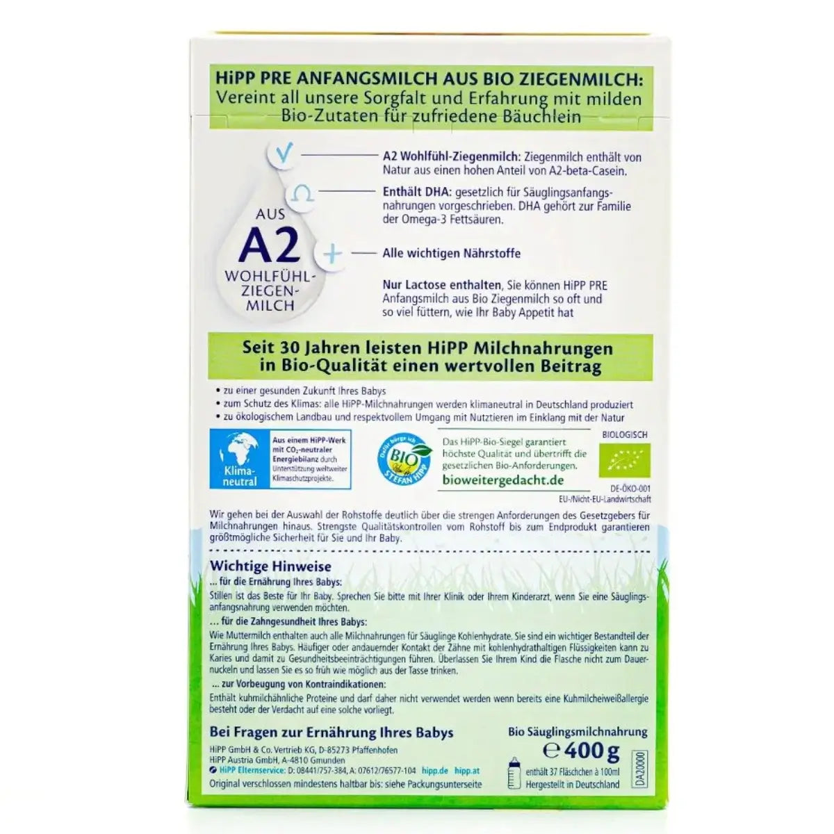 HiPP German PRE organic goat milk baby formula information label