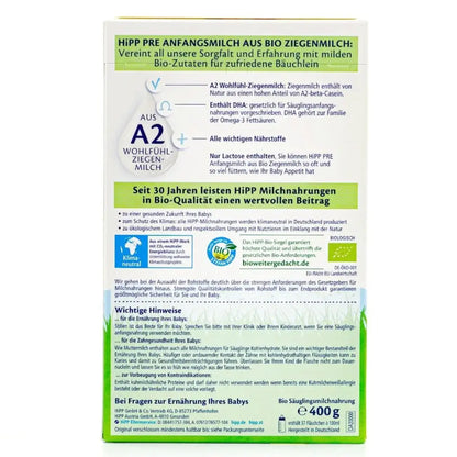 HiPP German PRE organic goat milk baby formula information label
