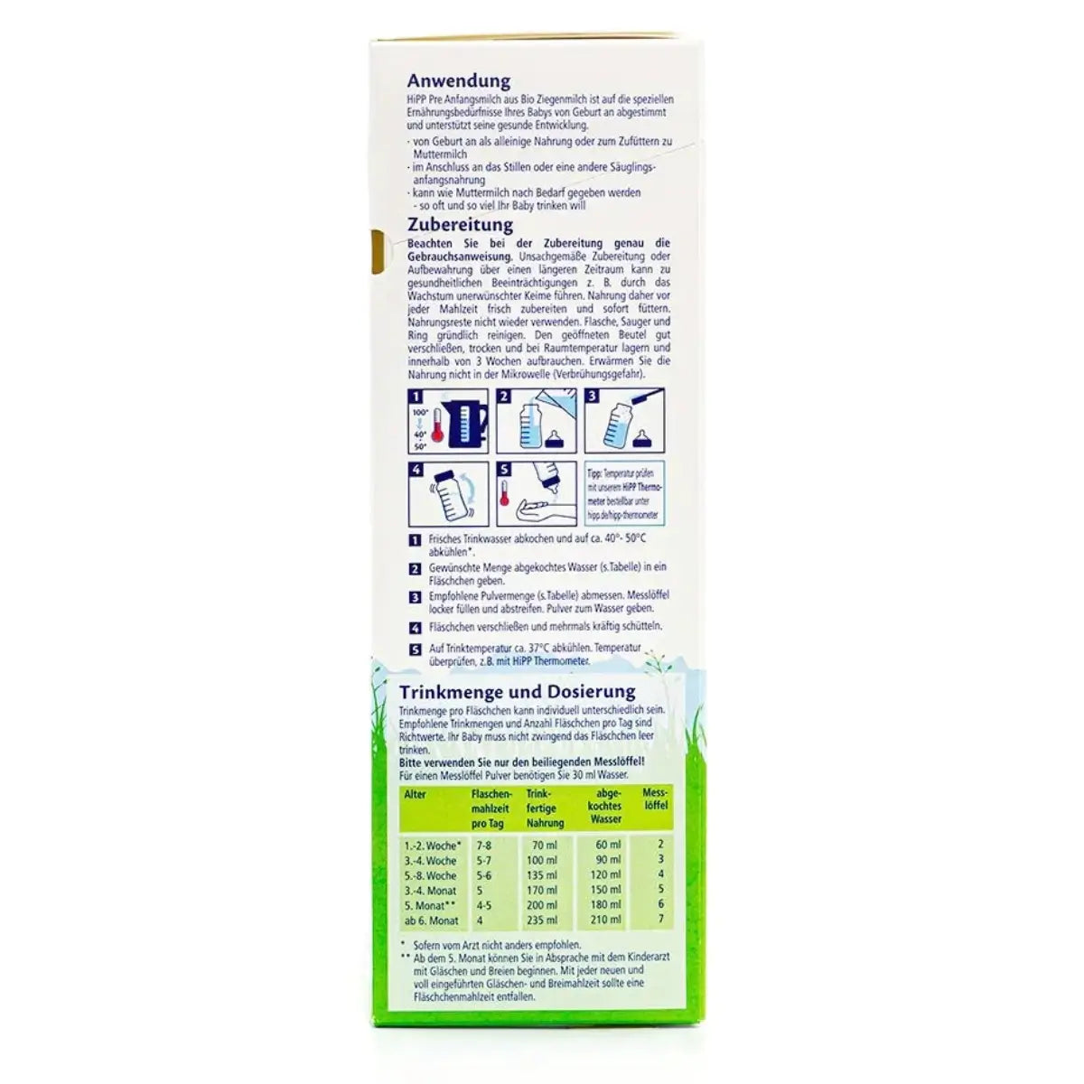 HiPP German PRE goat milk baby formula preparation and dosage instructions